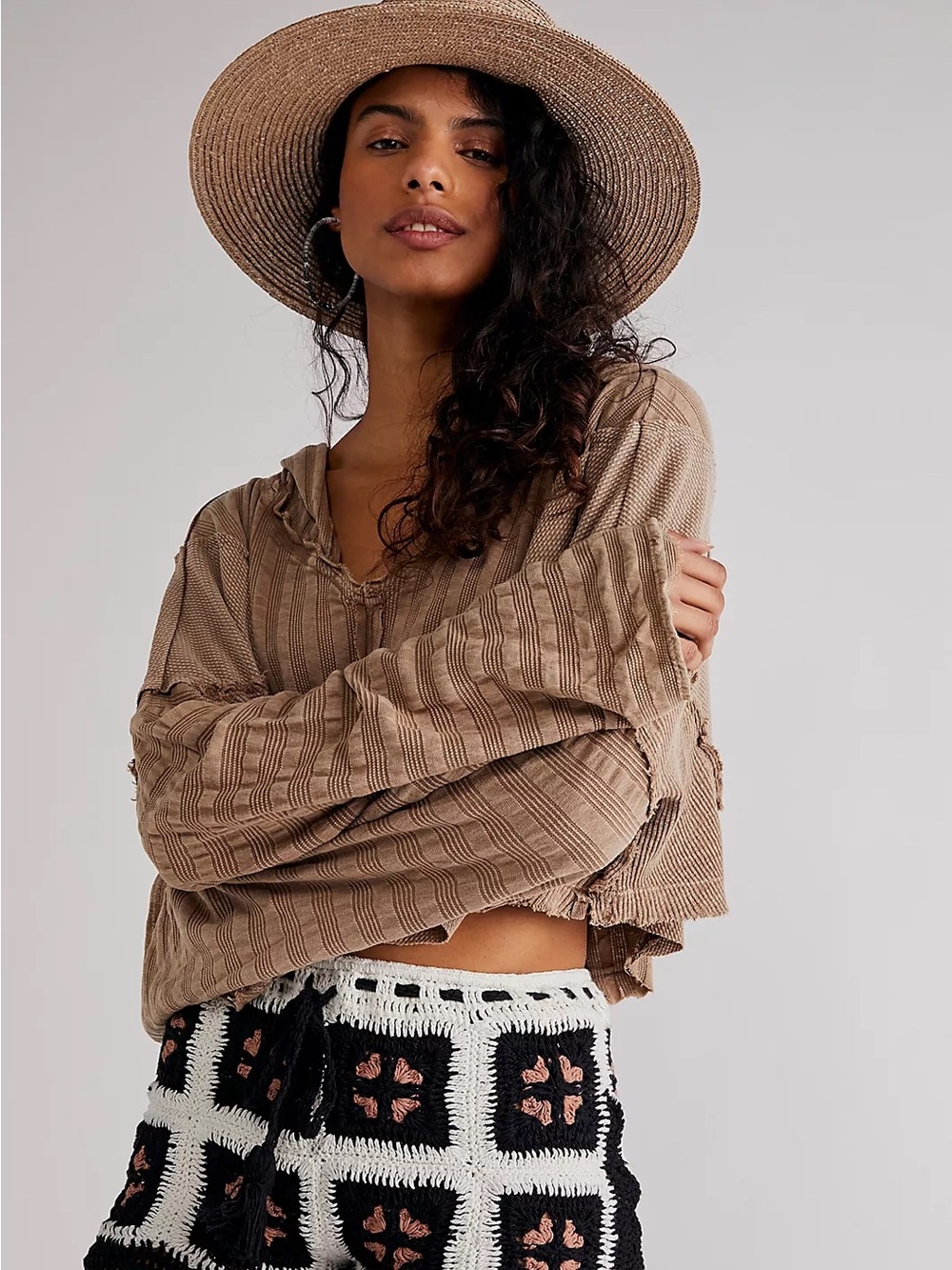 Free People Aries Brown Textured Crop Knit Oversized Hoodie Large L Bohemian